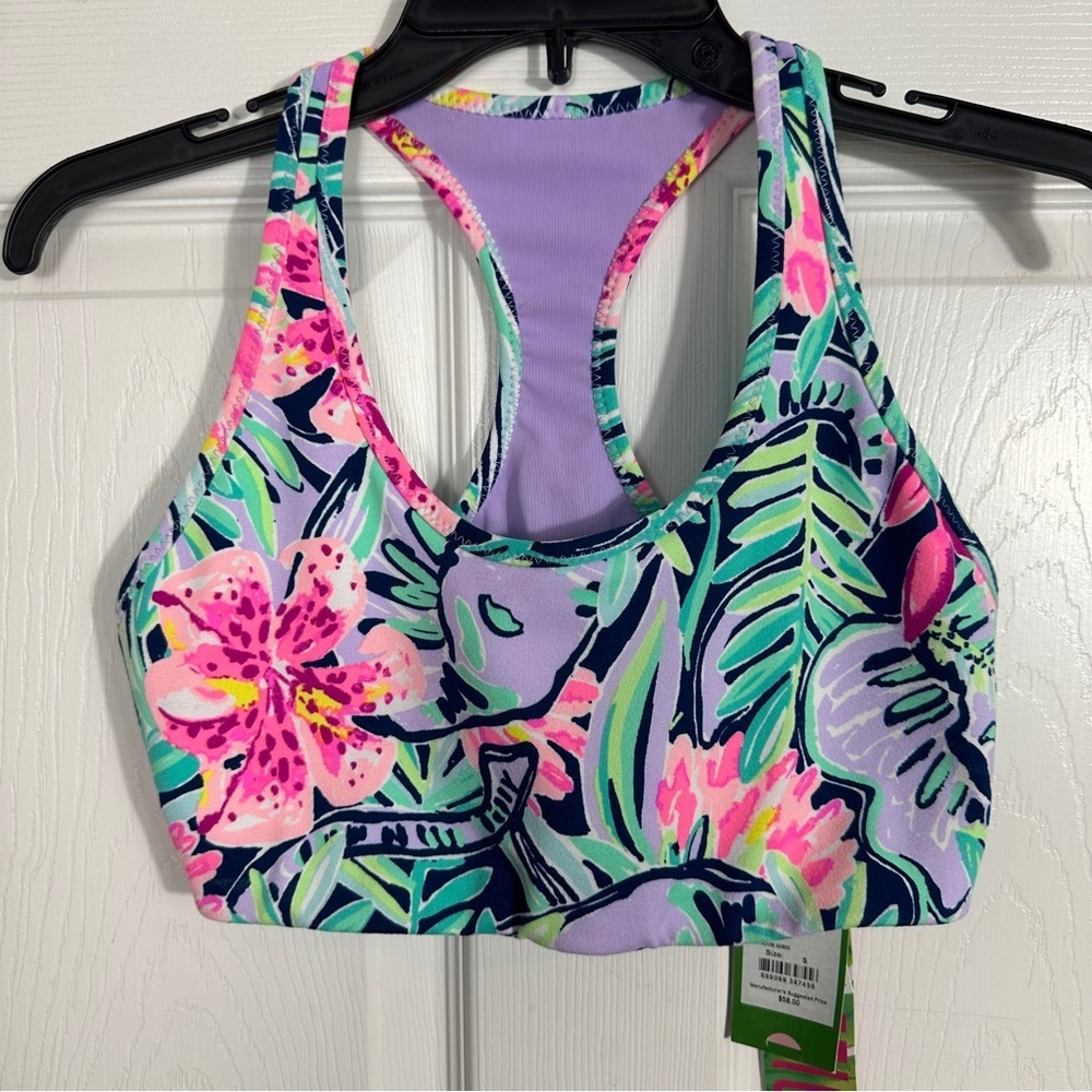 NWT Lilly Pulitzer Luxletic Jaydea sports bra, "Slathouse Soiree" pattern, sz S